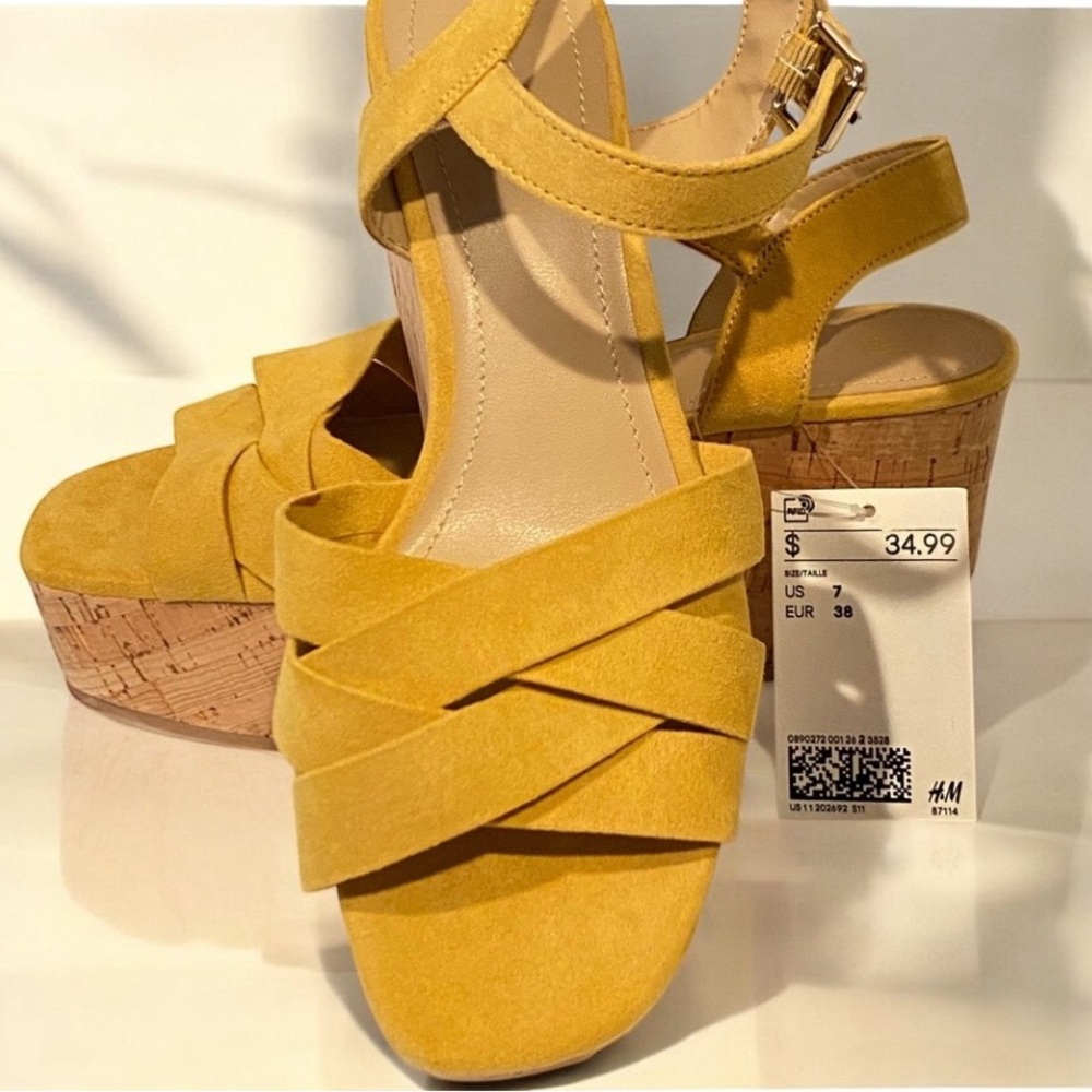 💛 H&M Yellow Cork Platform Wedge Sandals 💛 Size 7 - NEW - Picture 7 of 7
